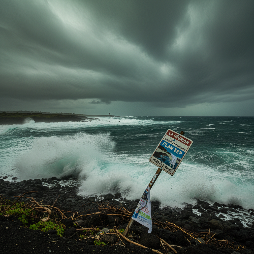 Ciel menaçant et mer agitée à La Réunion, illustrant les risques cycloniques couverts par l'ERP